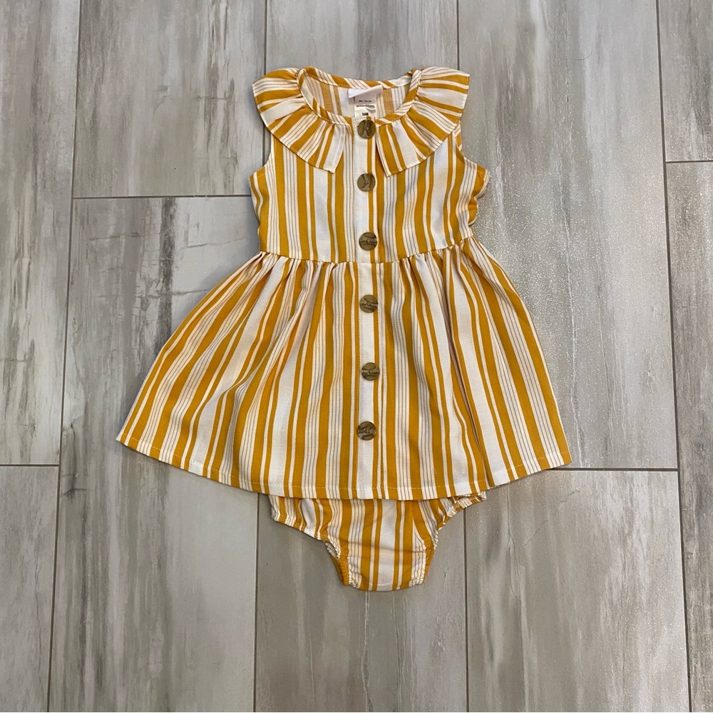 Little Lass Yellow and White Striped Dress with matching Bloomer Set Girls 24M